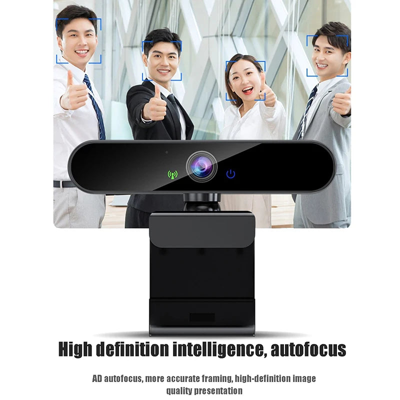 Sleek black 4K webcam with a built-in microphone, mounted on a stand with integrated autofocus technology.