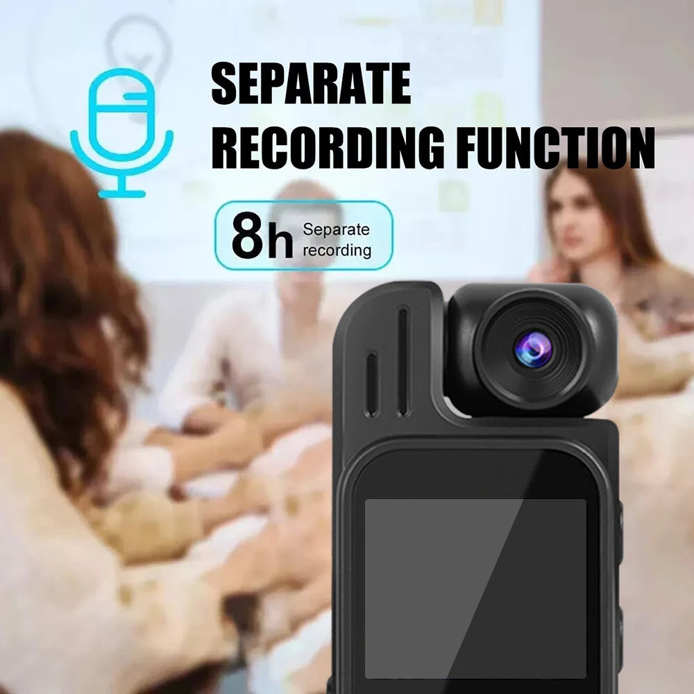 Black plastic body camera with a screen and lens, featuring an 8-hour separate audio recording function.