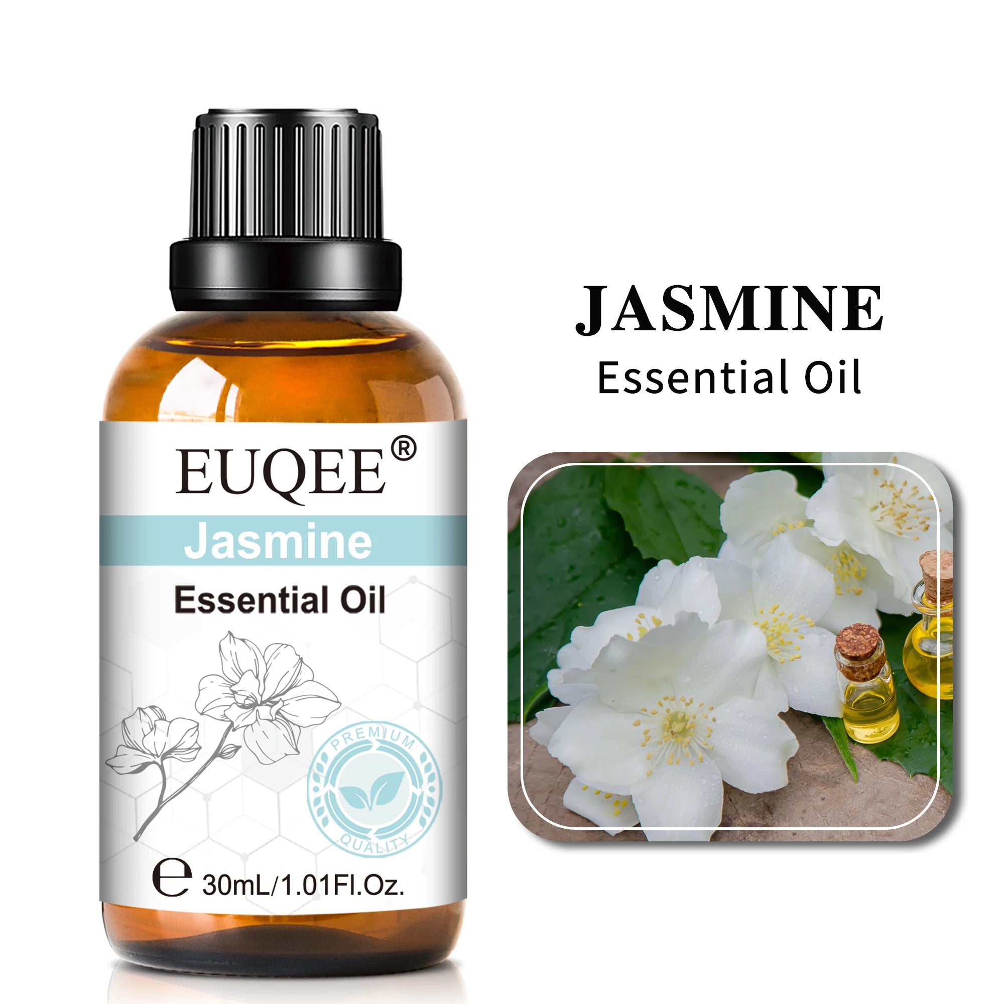 A 30ml amber glass bottle of jasmine essential oil with a black cap and floral label, featuring white jasmine flowers.