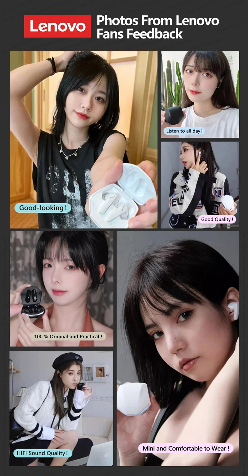 Collage of young women using compact black and white wireless earbuds with charging cases.