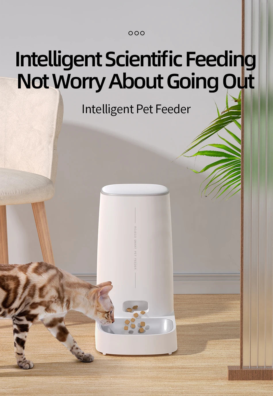 Minimalist white automatic pet feeder with a sleek, vertical design, shown with a cat eating from the base tray.