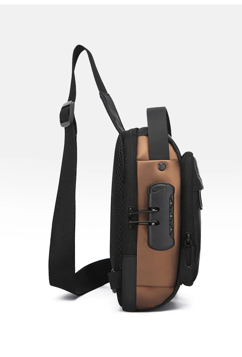 Side profile of a brown and black anti-theft crossbody sling bag with a secure combination lock and adjustable strap.