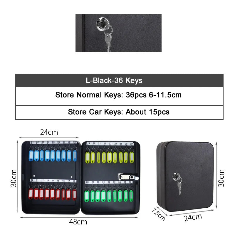 Black metal key cabinet with lock and capacity for 36 keys, featuring numbered hooks and colored key tags.