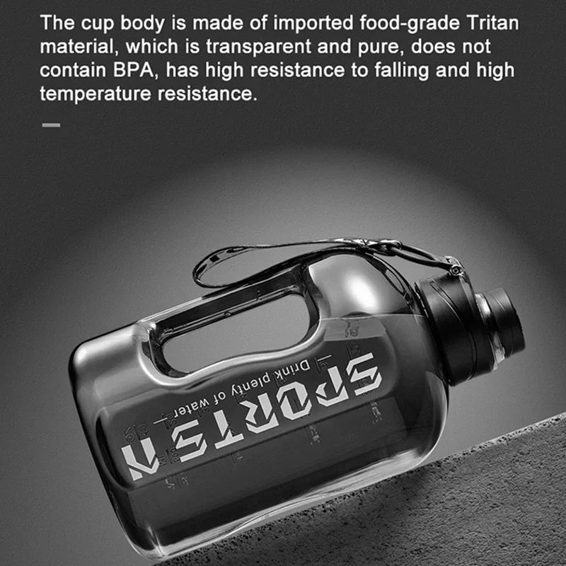Transparent grey Tritan sports water bottle with a handle, black screw lid, and "SPORTS" printed on the side.
