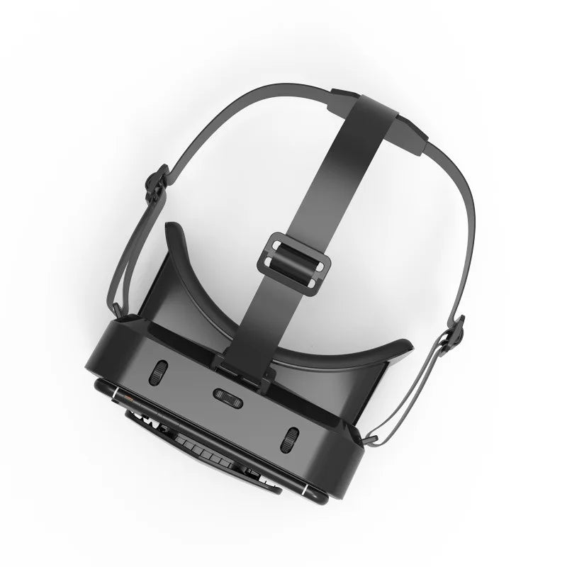 Black smartphone VR headset with an adjustable head strap and focus control sliders, shown from a top-down angle.