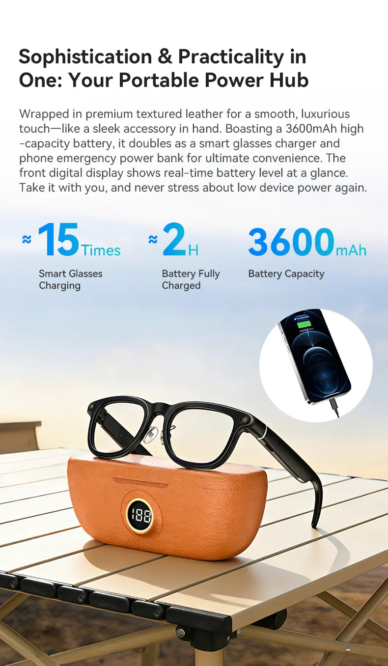 Black smart glasses resting on a tan, leather-textured charging case with a digital battery display.