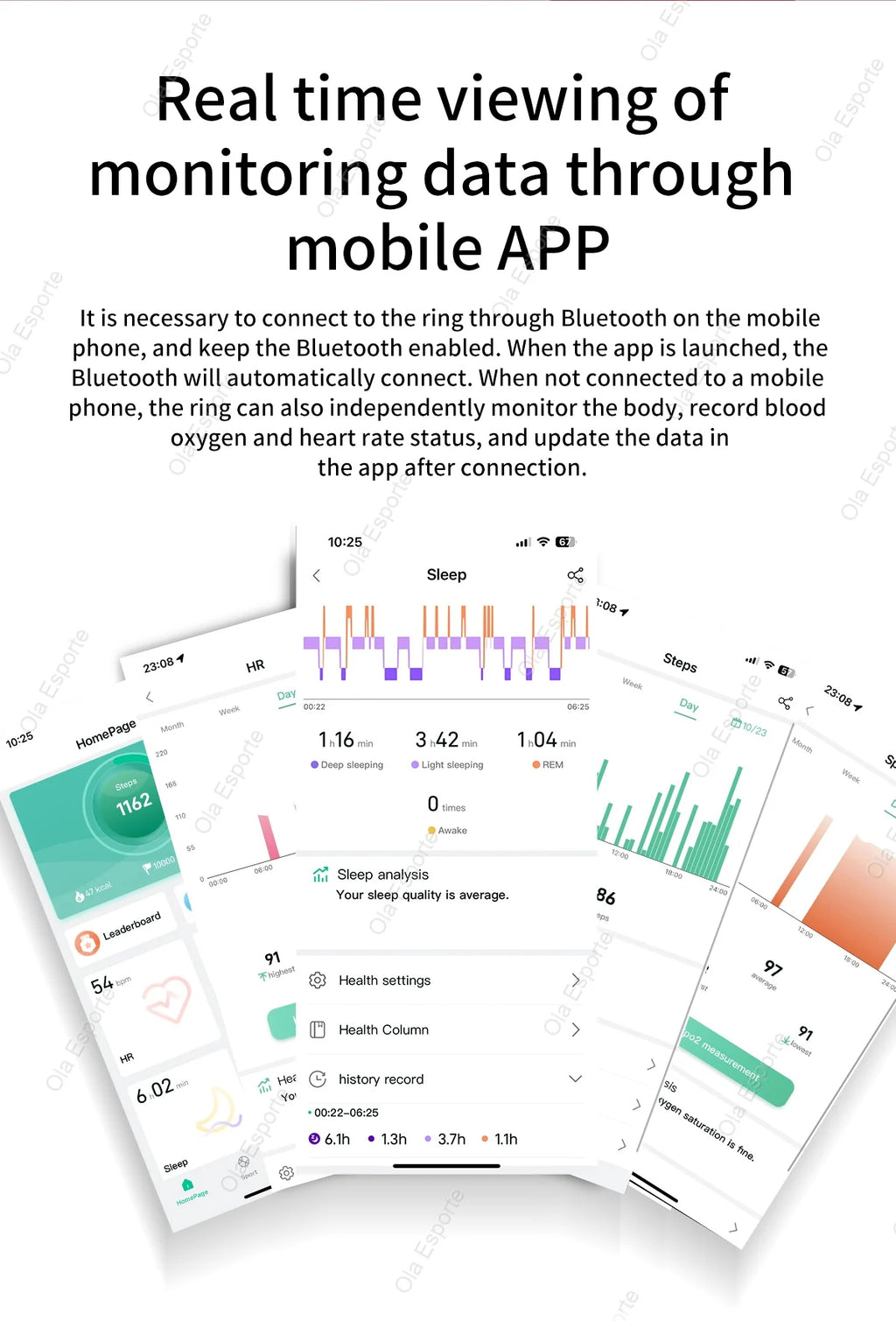 Smartphone app interface displaying health metrics including sleep stages, heart rate, and step count from a smart ring.