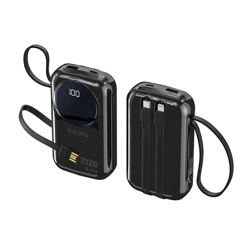 Black 20,000mAh portable power bank with a digital battery display, integrated charging cables, and carry strap.