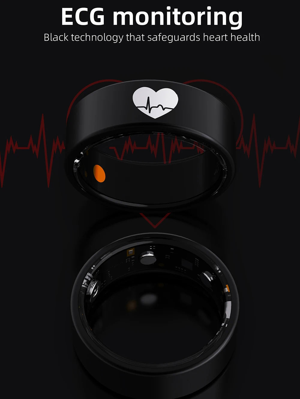Sleek black smart fitness ring featuring an ECG heart icon and interior health monitoring sensors on a dark background.