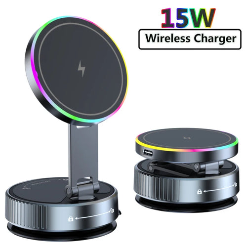 Foldable 15W magnetic wireless charger with a grey metallic finish and glowing RGB light ring on the charging pad.