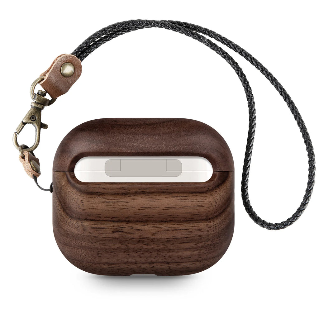 Dark wood AirPods case with a black braided wrist strap and leather accents. Compatible with AirPods 3.