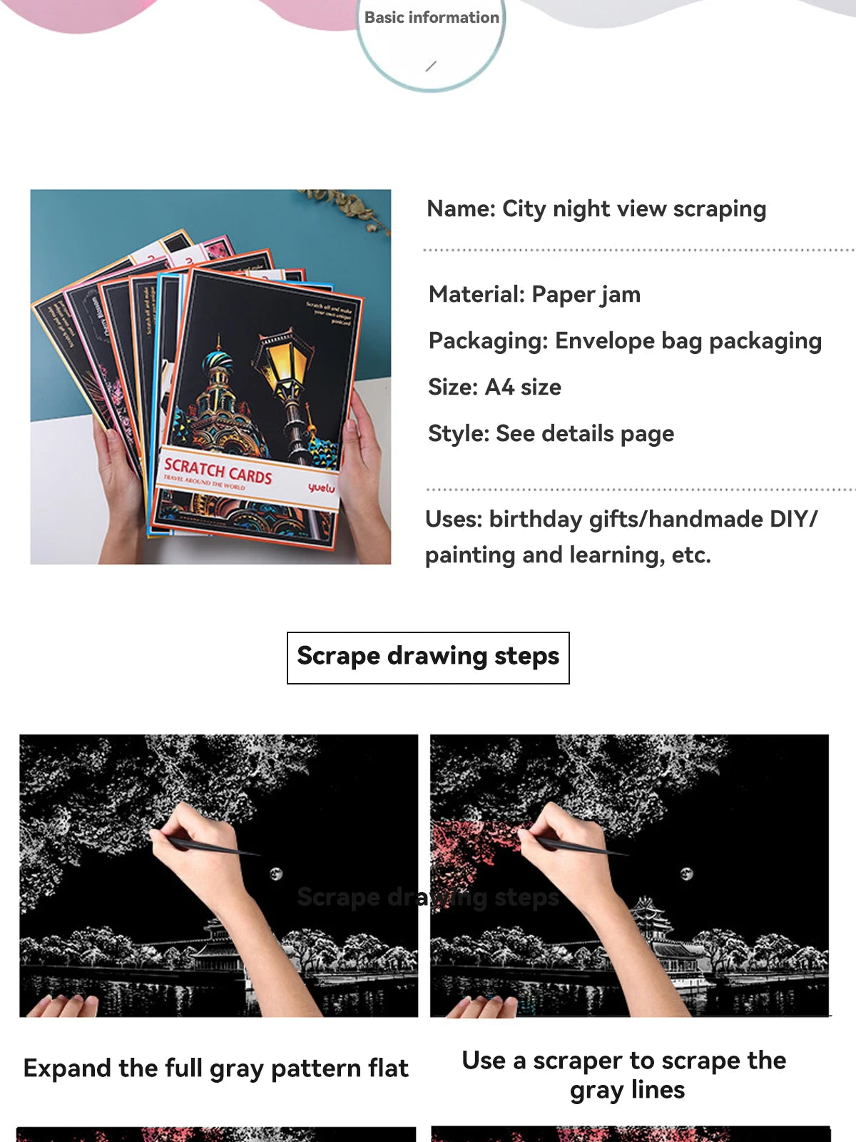 A4 city night view scratch art set with black cards and colourful hidden details to reveal by scraping.