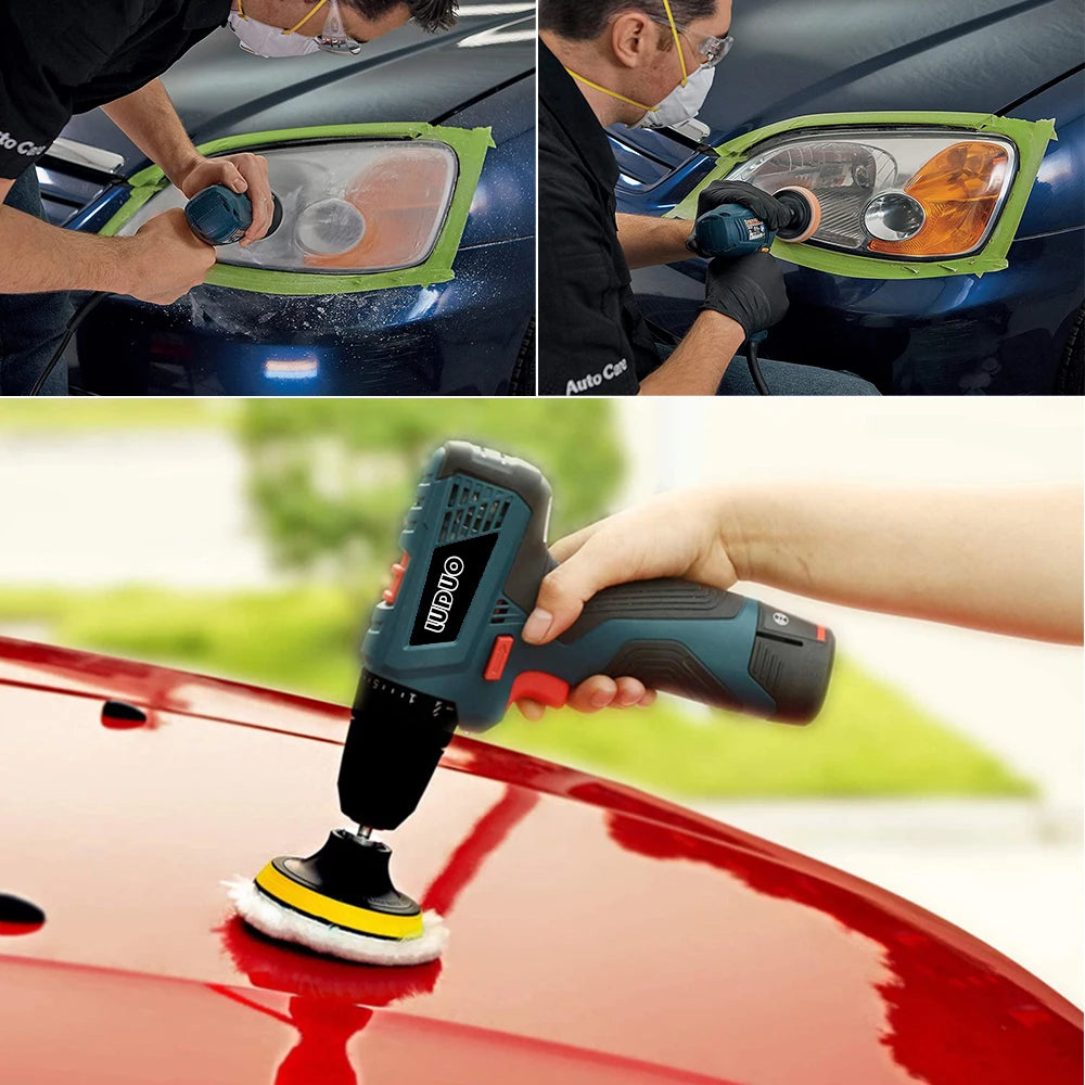 Blue cordless drill and polisher with a white wool buffing pad on a red car hood.
