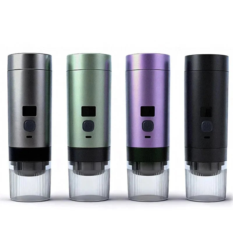 Four portable espresso makers in grey, green, purple, and black with clear cups.