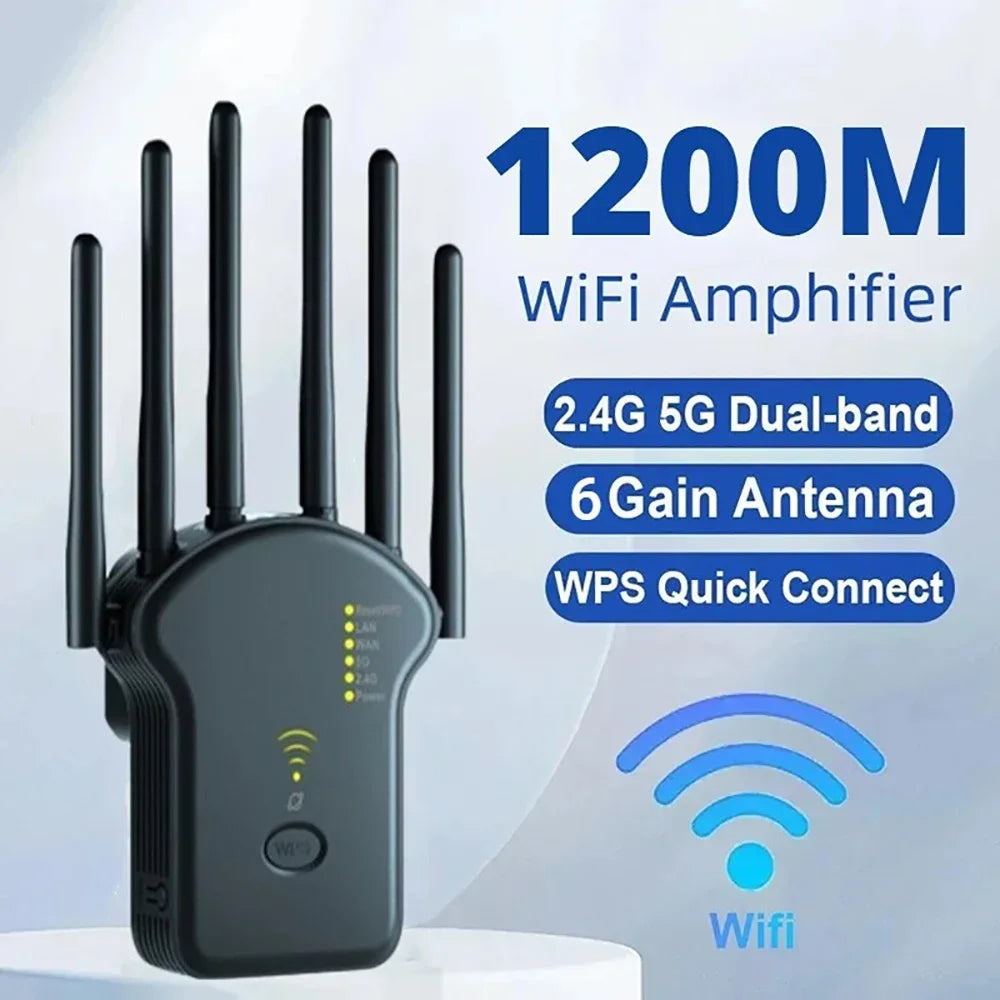 Black dual-band WiFi extender with six external antennas, WPS button, and LED indicator lights on a light background.