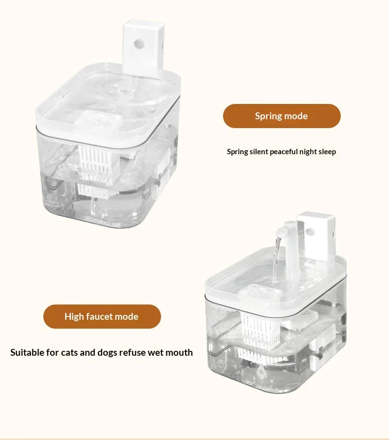 Clear, white automatic pet water fountain with a built-in filter, showing spring and high faucet water flow modes.