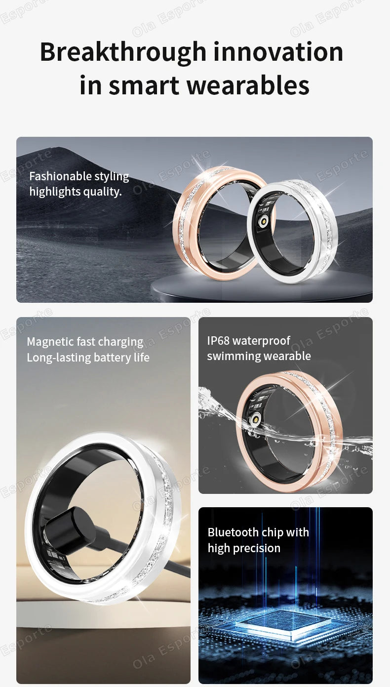 Rose gold and silver smart fitness rings featuring a stylish, waterproof design with magnetic charging.