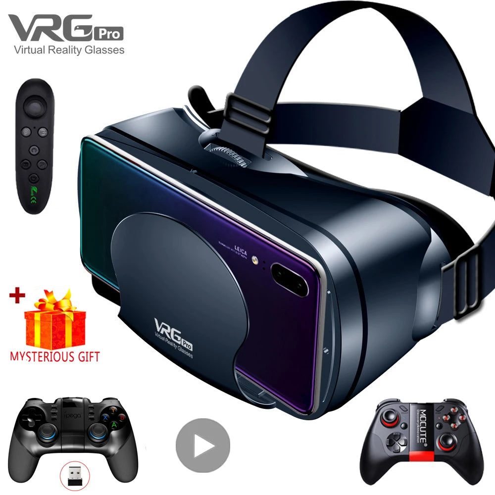 Black VR headset with adjustable strap, containing a smartphone, alongside three controllers and a gift box.