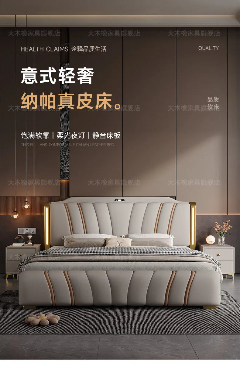 Luxury modern bed in light beige with gold accents, featuring a tufted upholstered headboard with integrated lighting.