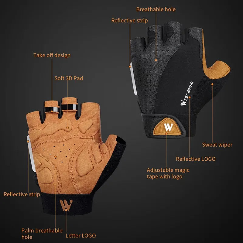 Black and tan fingerless cycling gloves with reflective details, 3D padding, and labels showing key features.