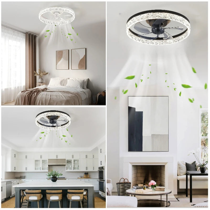 18.9in smart LED ceiling fan in black and white styles, featuring a crystal-effect rim, remote and app control.