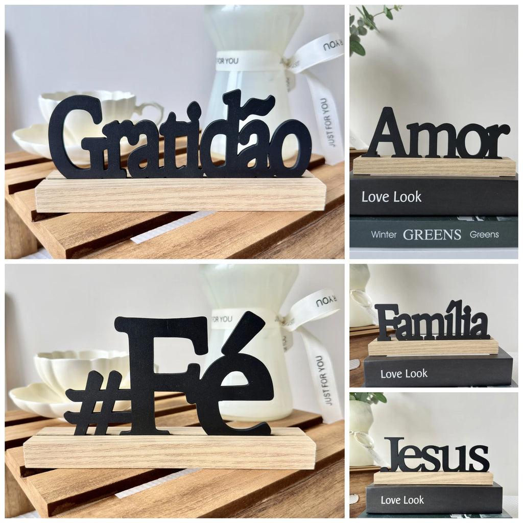 Rustic wooden base signs featuring black, cut-out inspirational words in different styles and fonts.