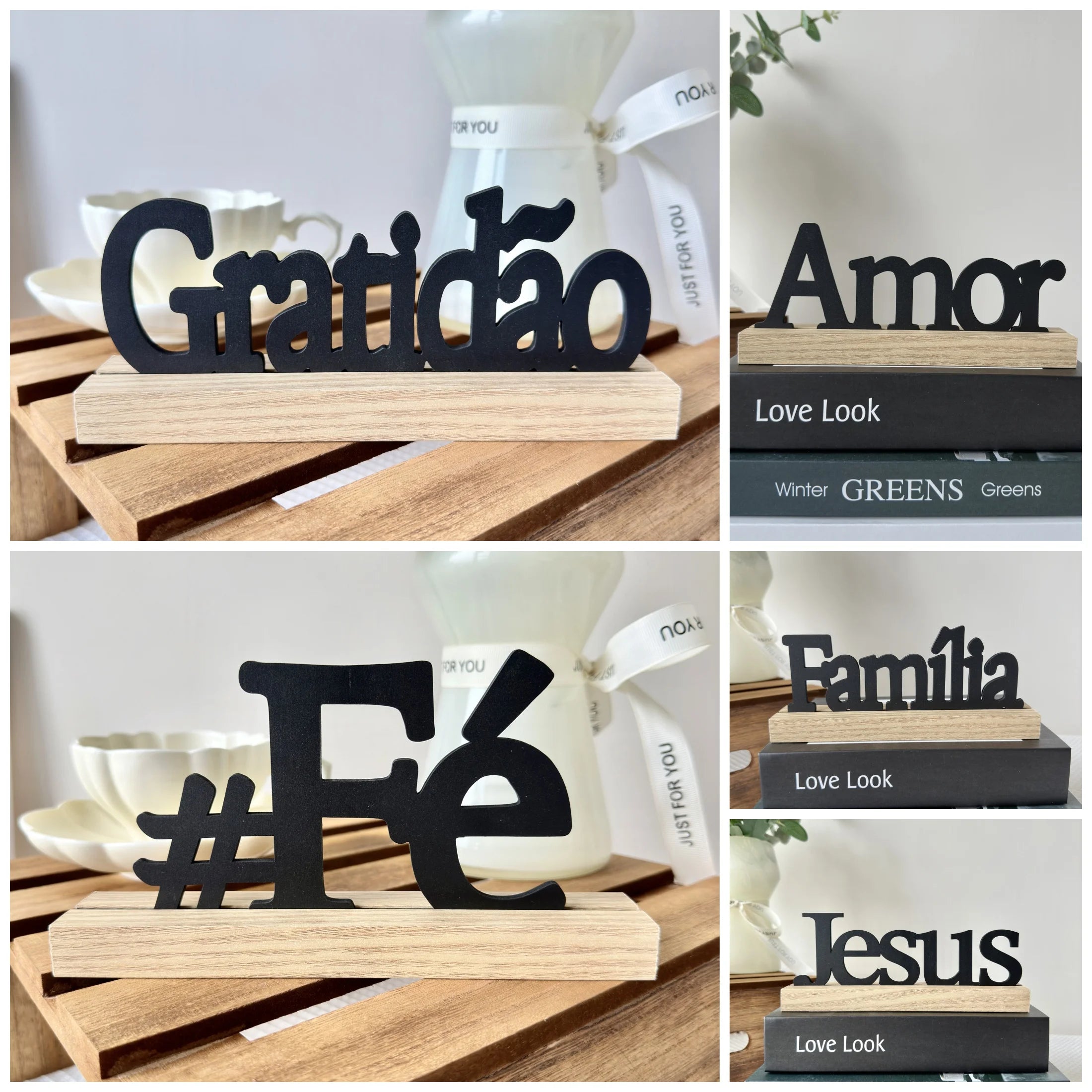 Rustic wooden base signs featuring black, cut-out inspirational words in different styles and fonts.