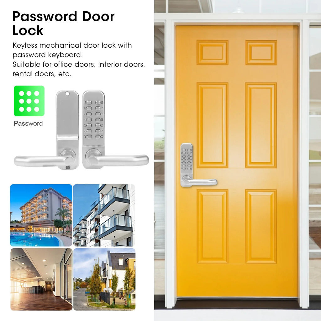 Silver mechanical door handle with a numeric keypad lock installed on a yellow door.