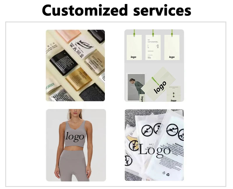 Four images showing custom clothing labels, printed tags, branded grey activewear, and clear logo-printed polybags.