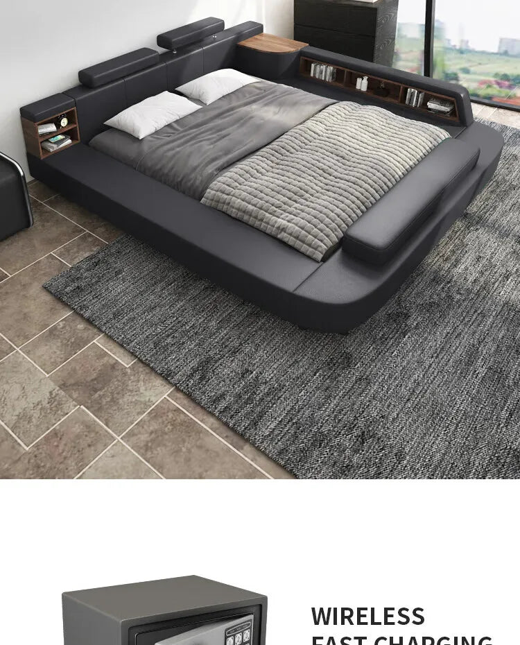 Modern dark grey upholstered bed with integrated side shelving, built-in bedside tables and padded headrests.