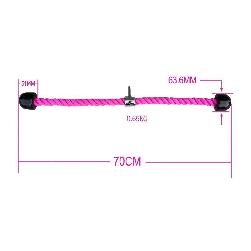 Pink triceps rope attachment with black rubber ends, metal center loop, and measurement lines showing length 70cm.