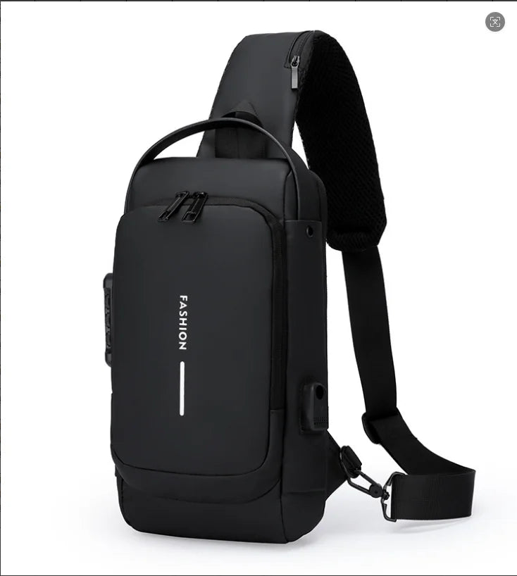 Black anti-theft chest bag with single shoulder strap, password lock, and integrated USB charging port.