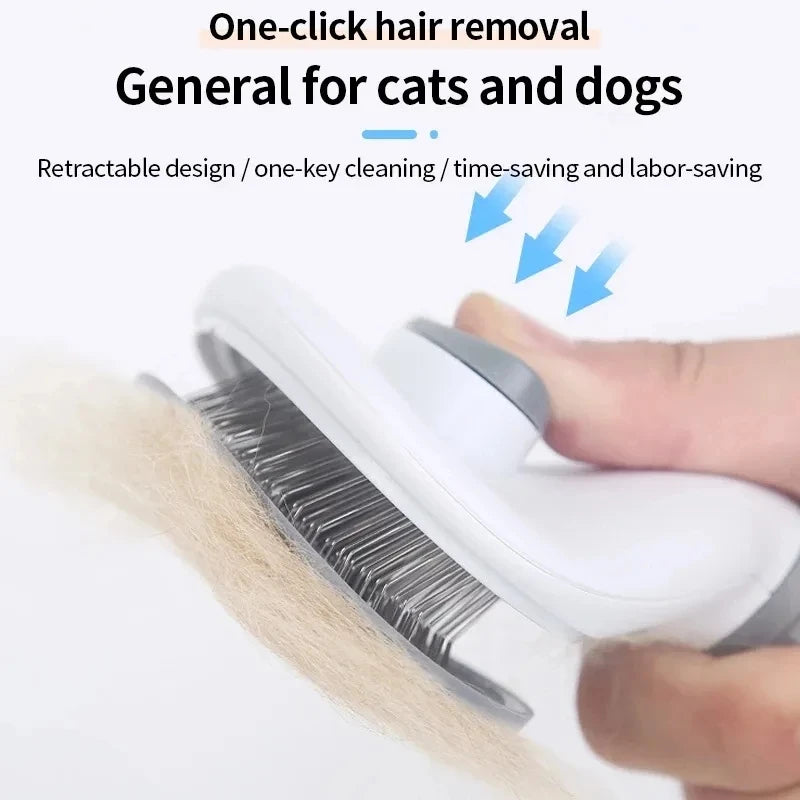 White self-cleaning slicker brush for cats and dogs, showing a retractable design with matted fur being removed.