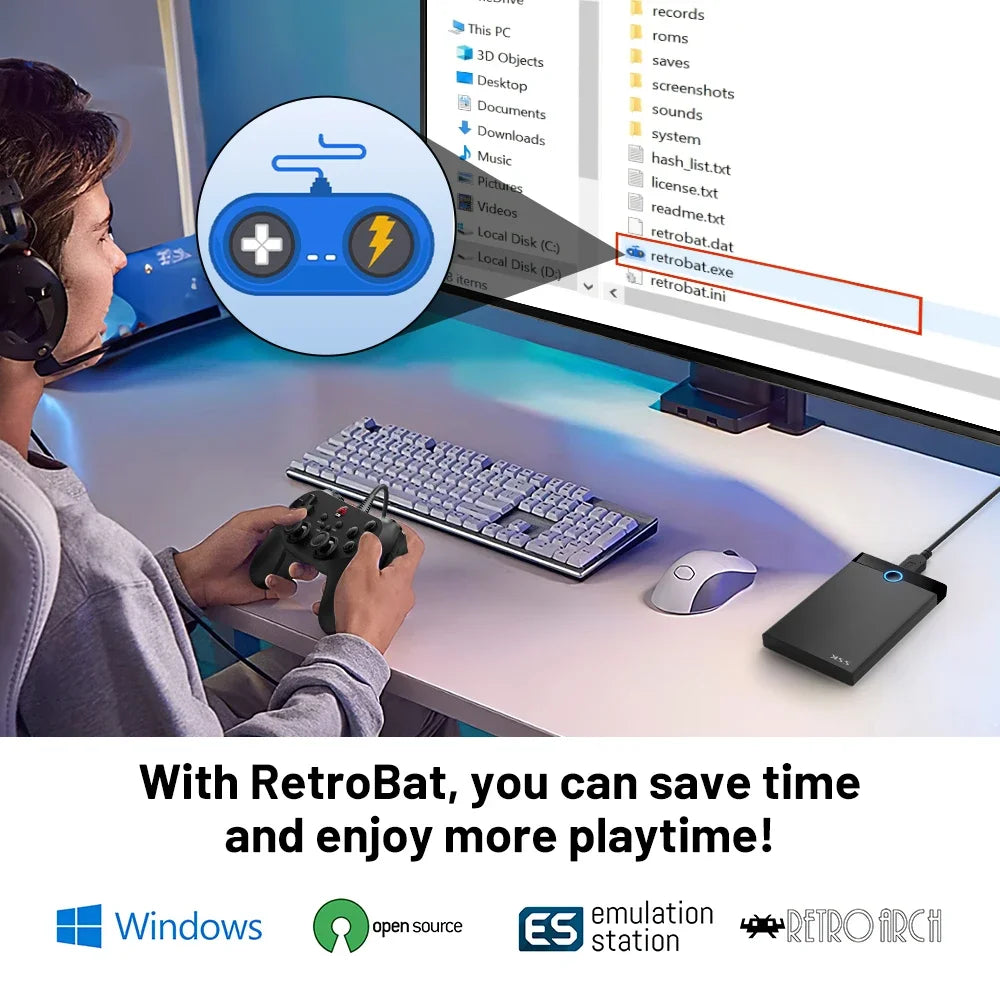 Black external hard drive connected to a PC, with a user playing retro games with a controller.