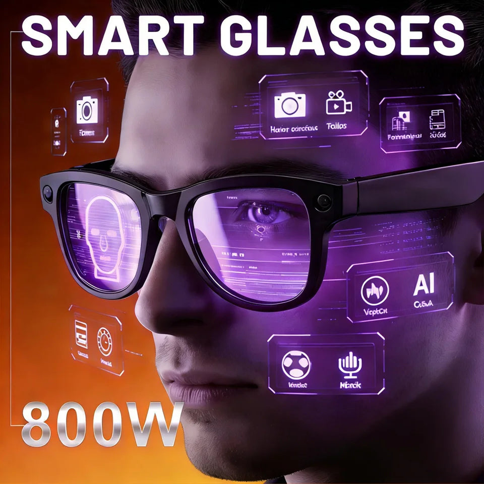 Black smart glasses featuring built-in HD camera and AI tech, displayed with futuristic purple digital UI overlays.
