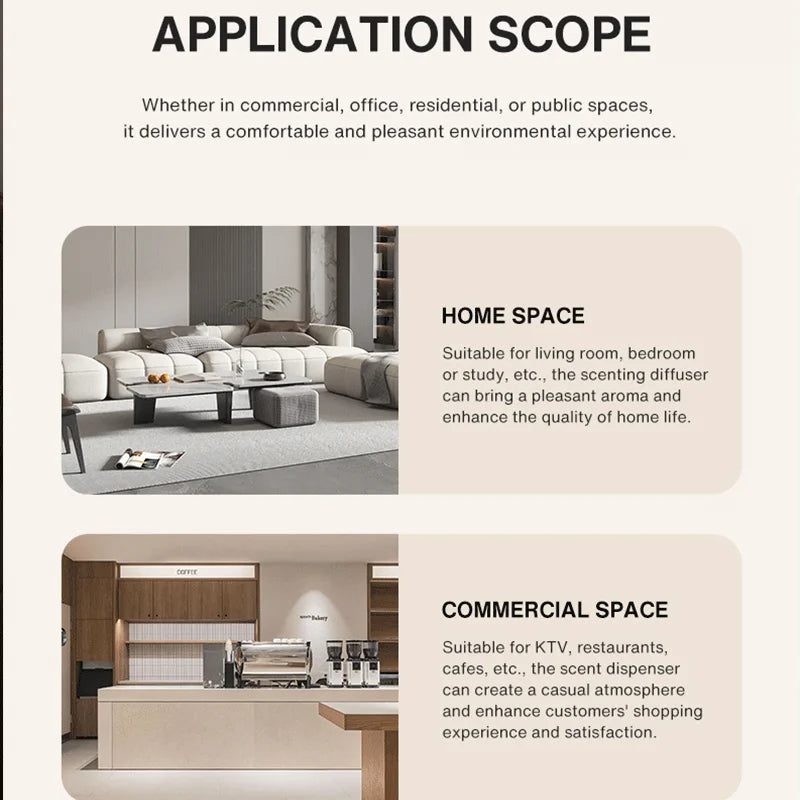 Smart aroma diffuser shown in modern home and commercial coffee shop settings to enhance atmosphere.
