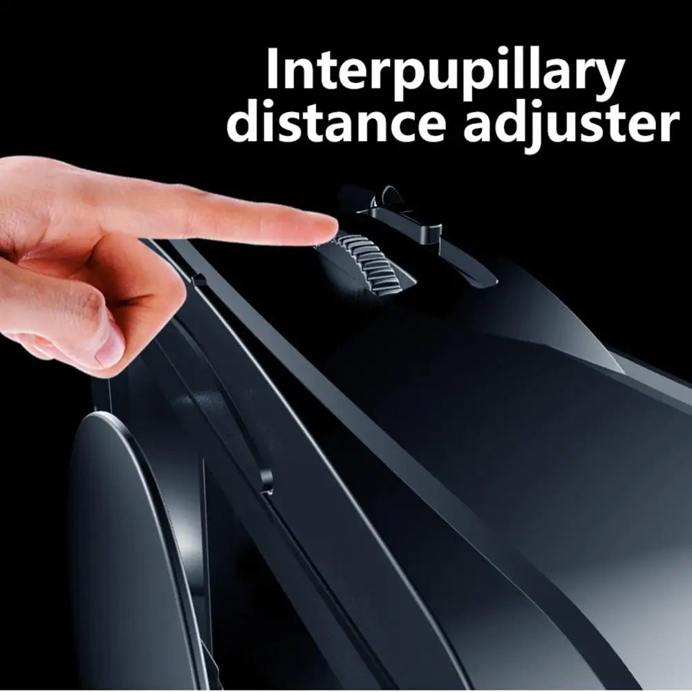 A hand adjusting the black, textured wheel on a VR headset’s interpupillary distance adjuster.
