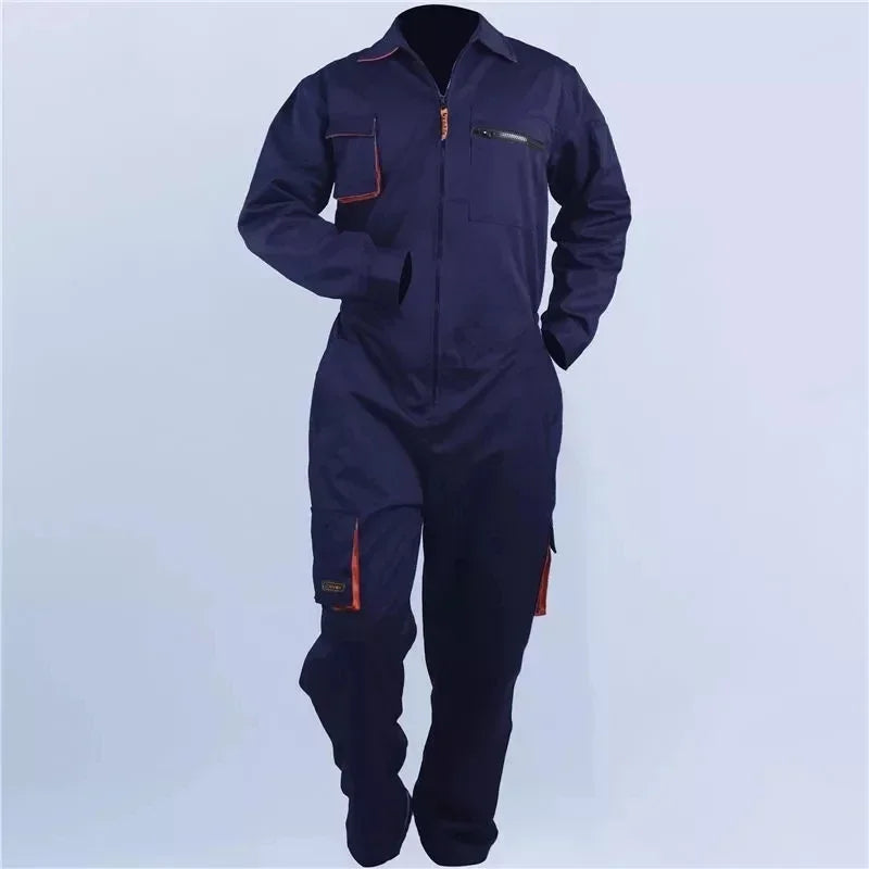 Dark blue utility coveralls with long sleeves, front zipper, and orange-trimmed cargo pockets on chest and legs.