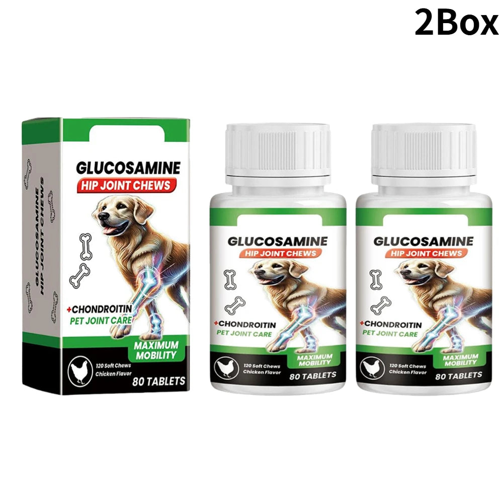 Two boxes and two bottles of chicken-flavoured Glucosamine and Chondroitin hip and joint chew tablets for dogs.