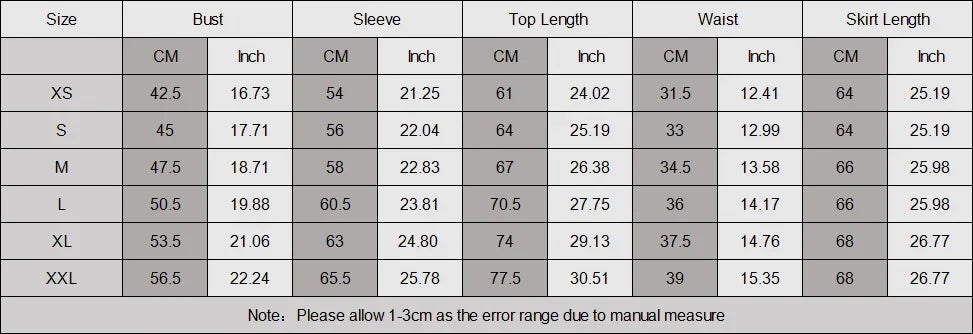 Size chart for clothing, listing bust, sleeve, top length, waist, and skirt measurements in cm and inches from XS to XXL.