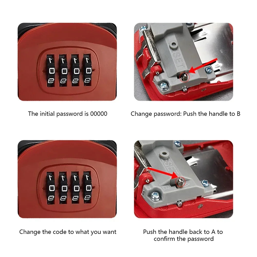 Red metal combination padlock with 4-digit code dials and internal reset lever showing steps to set a new password.