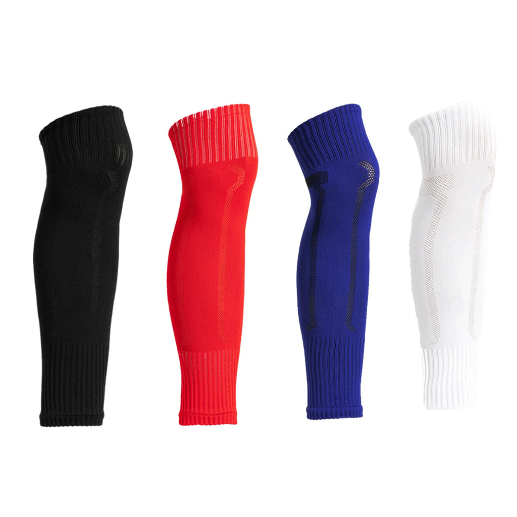 Four football calf sleeves in black, red, blue, and white with ribbed cuffs and textured compression detail.
