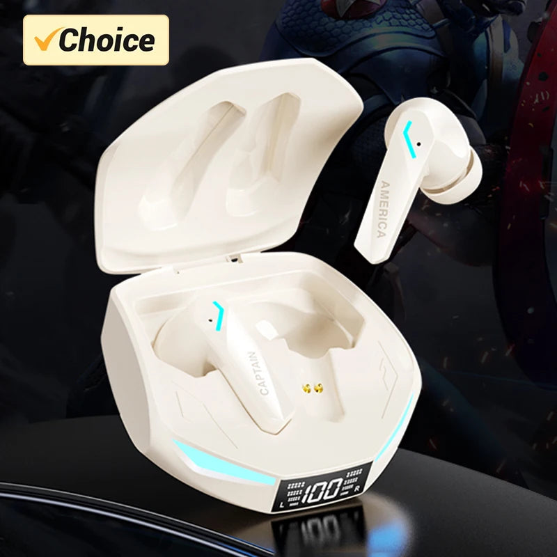 Off-white wireless gaming earbuds in a matching charging case with a digital battery display and blue LED accents.