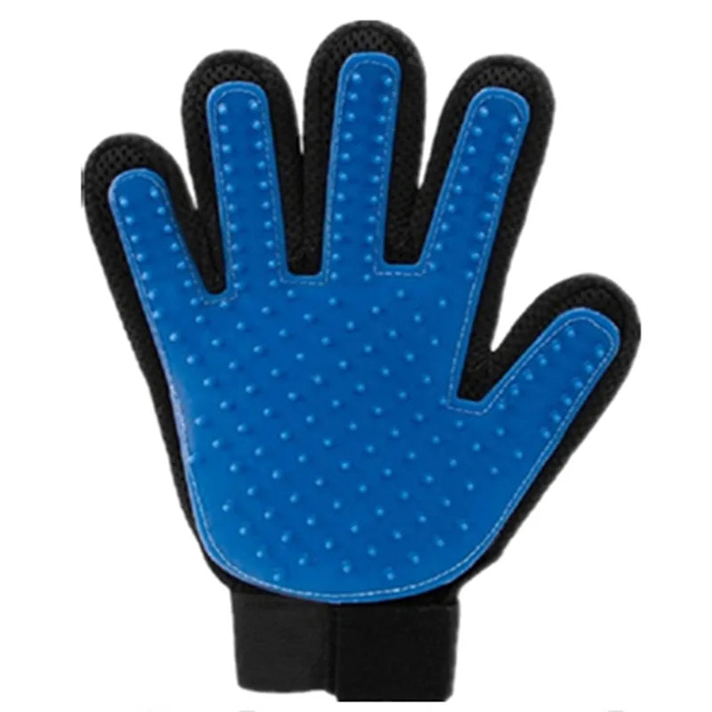 Blue silicone pet grooming glove with black mesh fabric backing and an adjustable wrist strap.