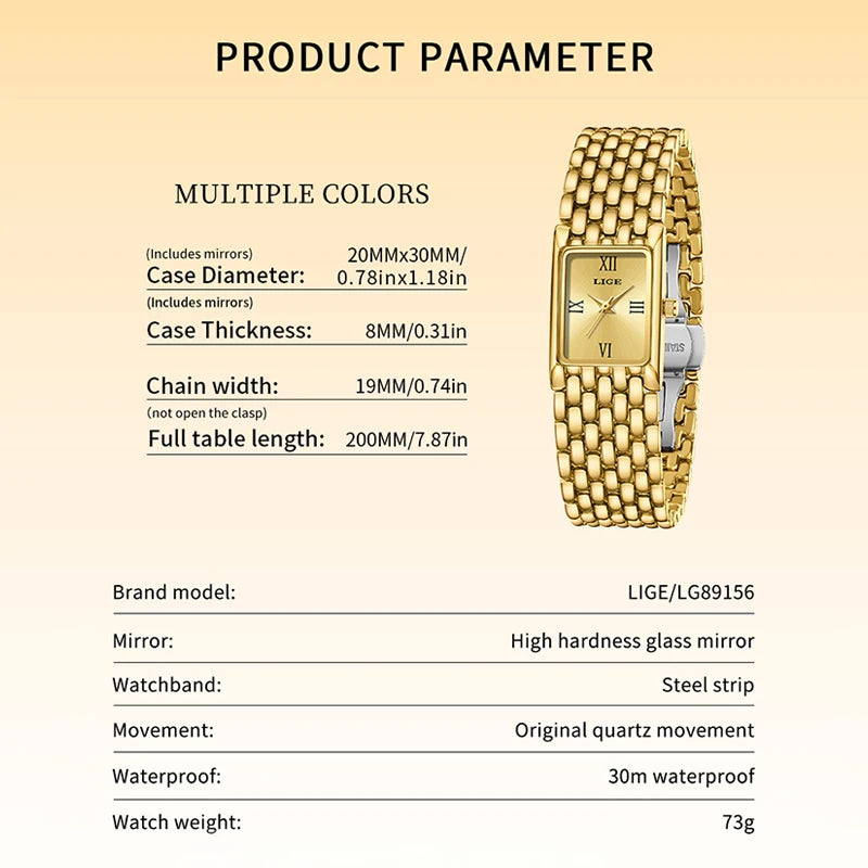 Luxury gold-tone ladies' quartz watch with a square face and elegant stainless steel link bracelet.