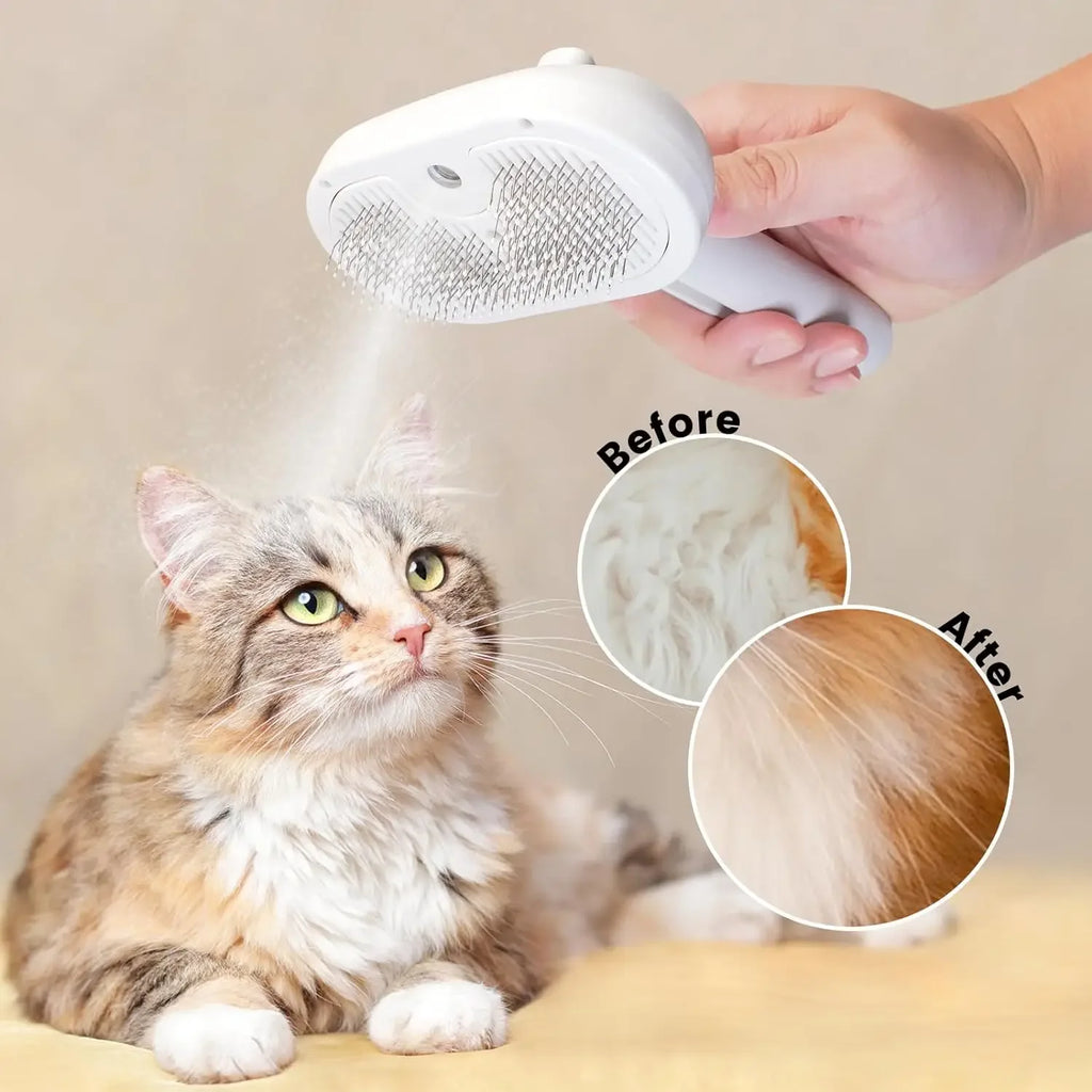 A white, steam-emitting pet grooming brush held over a fluffy cat, with before and after fur comparison circles.