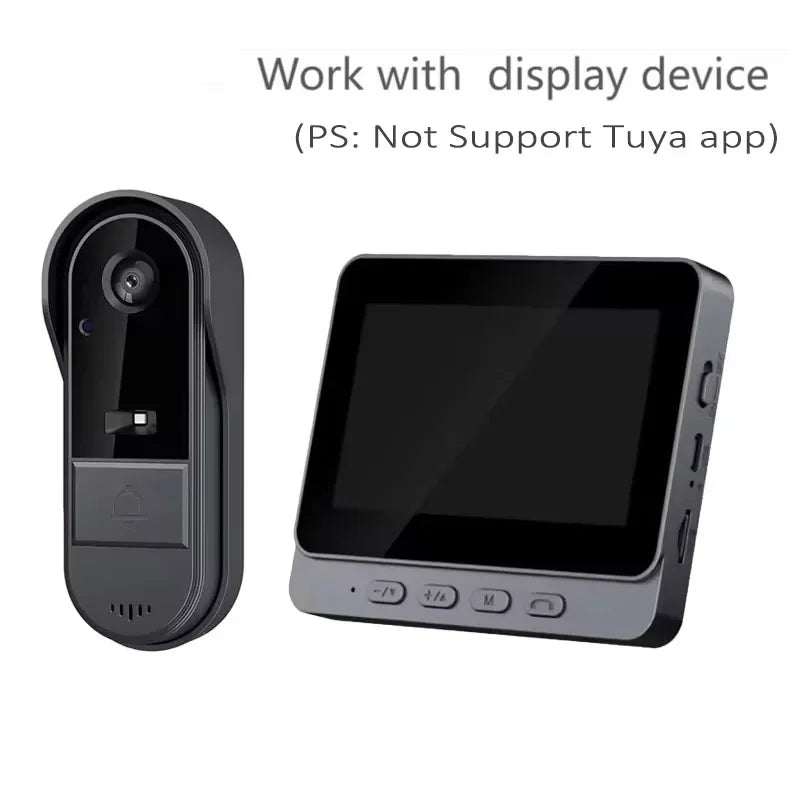 Black wireless video doorbell and indoor monitor with a 4.3-inch screen, camera lens, and night vision capabilities.