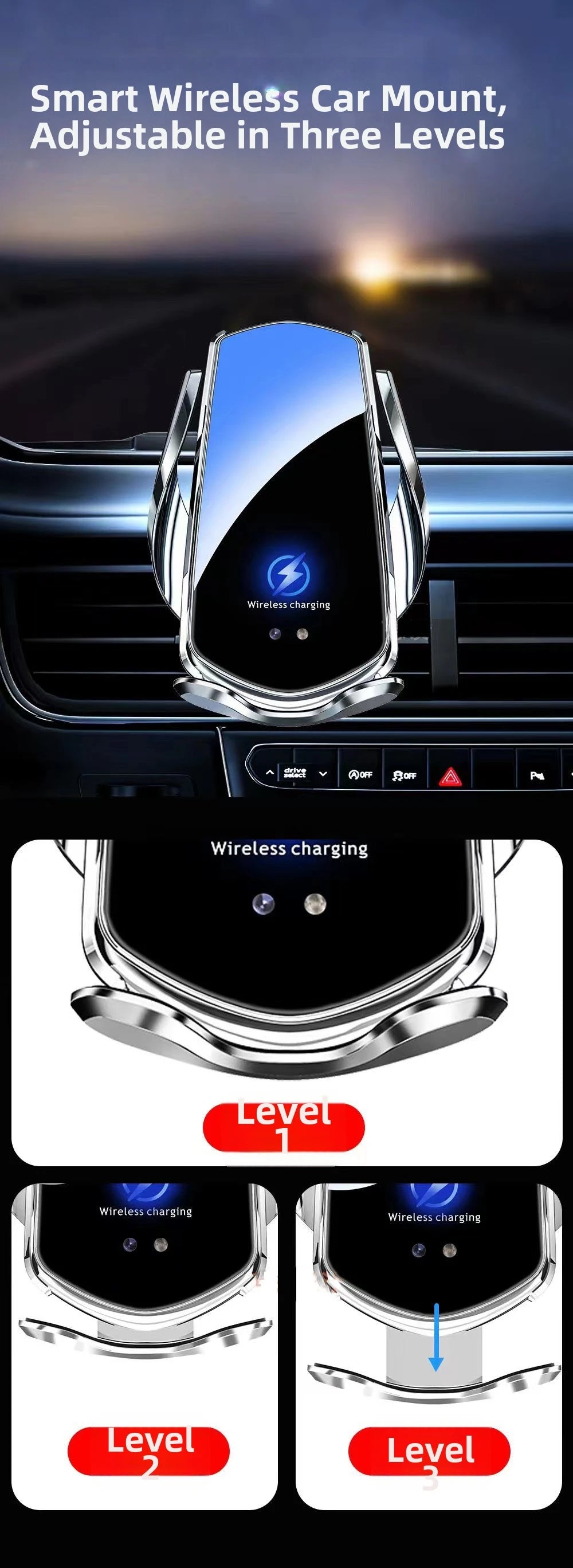 Silver smart wireless car mount with three adjustable height levels, mounted on a car air vent.