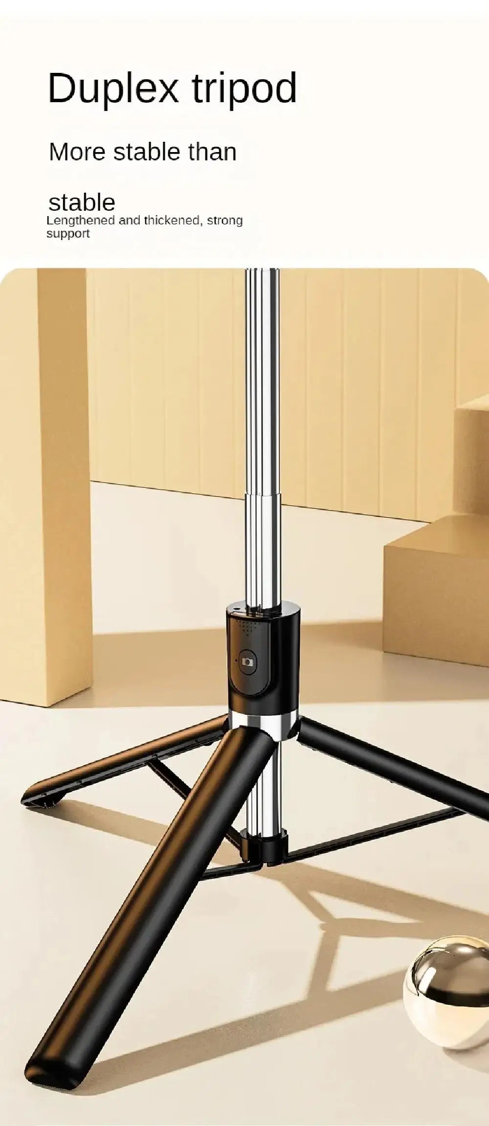 Adjustable, stable black and silver tripod stand for phones, featuring a sturdy design and remote shutter button.