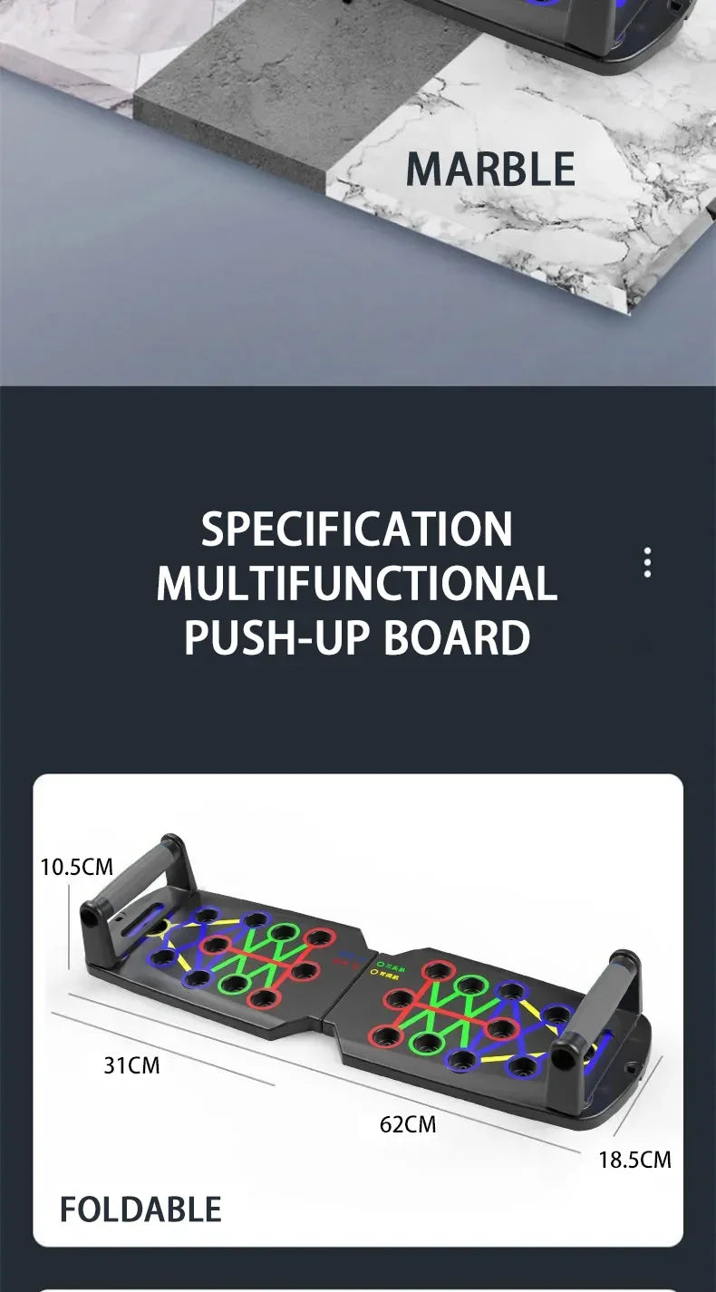 Black foldable push-up board with colourful exercise guides and two detachable handles, shown with dimensions.